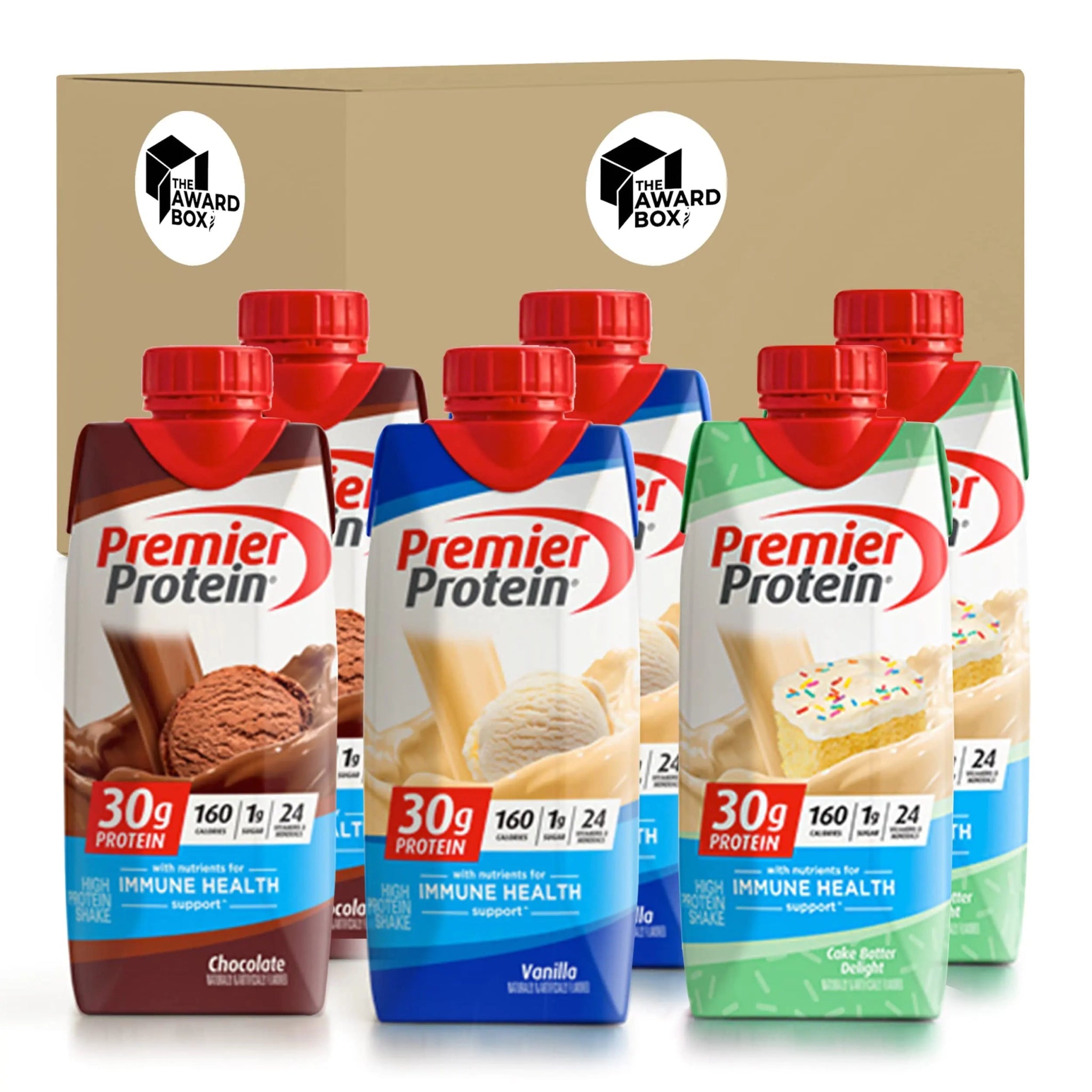 30g Protein Shakes Variety Pack in The Award Box Packaging 11 Fl. Oz Each (2 Chocolate 2 Cake Batter 2 Vanilla) - ProteinKing