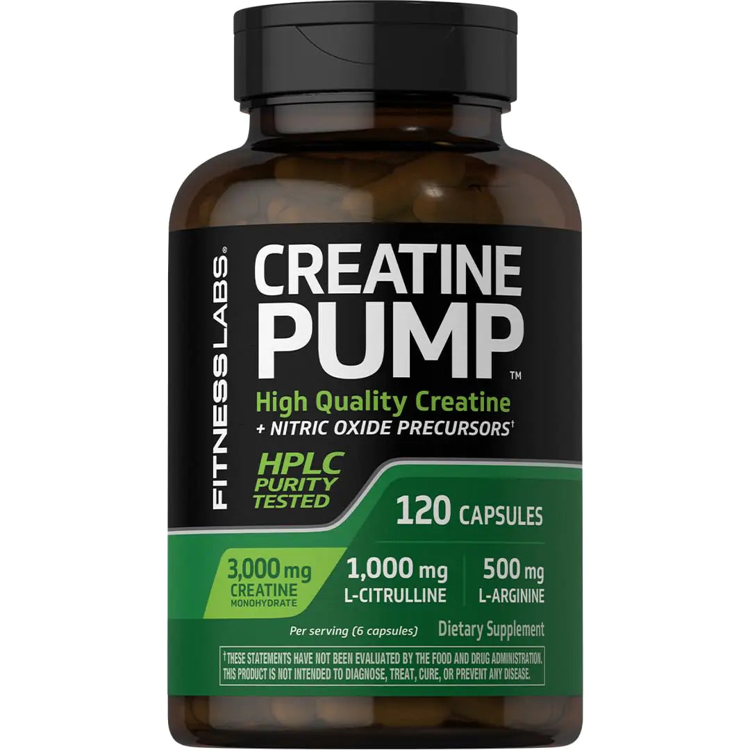 Fitness Labs Creatine Capsules | 120 Count | 3000mg | German Creatine Monohydrate | Creapure | Pump Supplement | Plus Nitric Oxide Precursor | HPLC Tested | Non-GMO ProteinKing