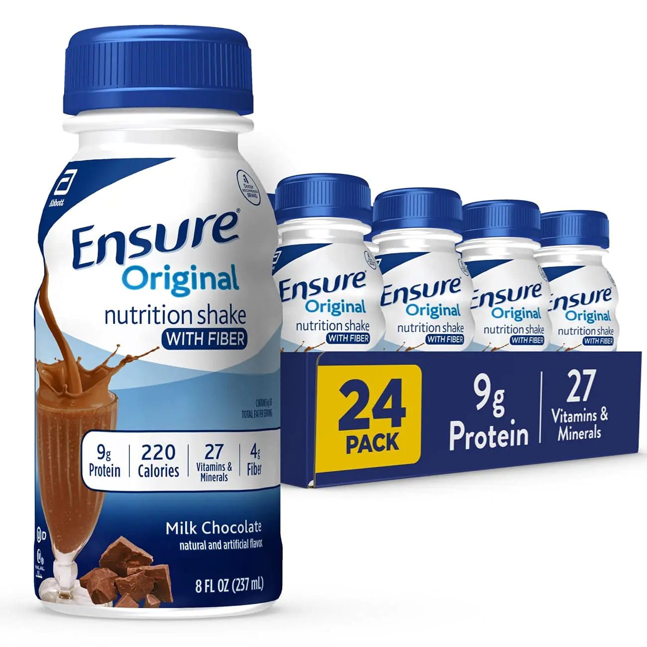 Ensure Original Milk Chocolate Nutrition Shake with Fiber| Meal Replacement Shake | Ready To Drink | 9g Protein 27 Vitamins and Minerals | 8 fl oz - 24 Pack - ProteinKing