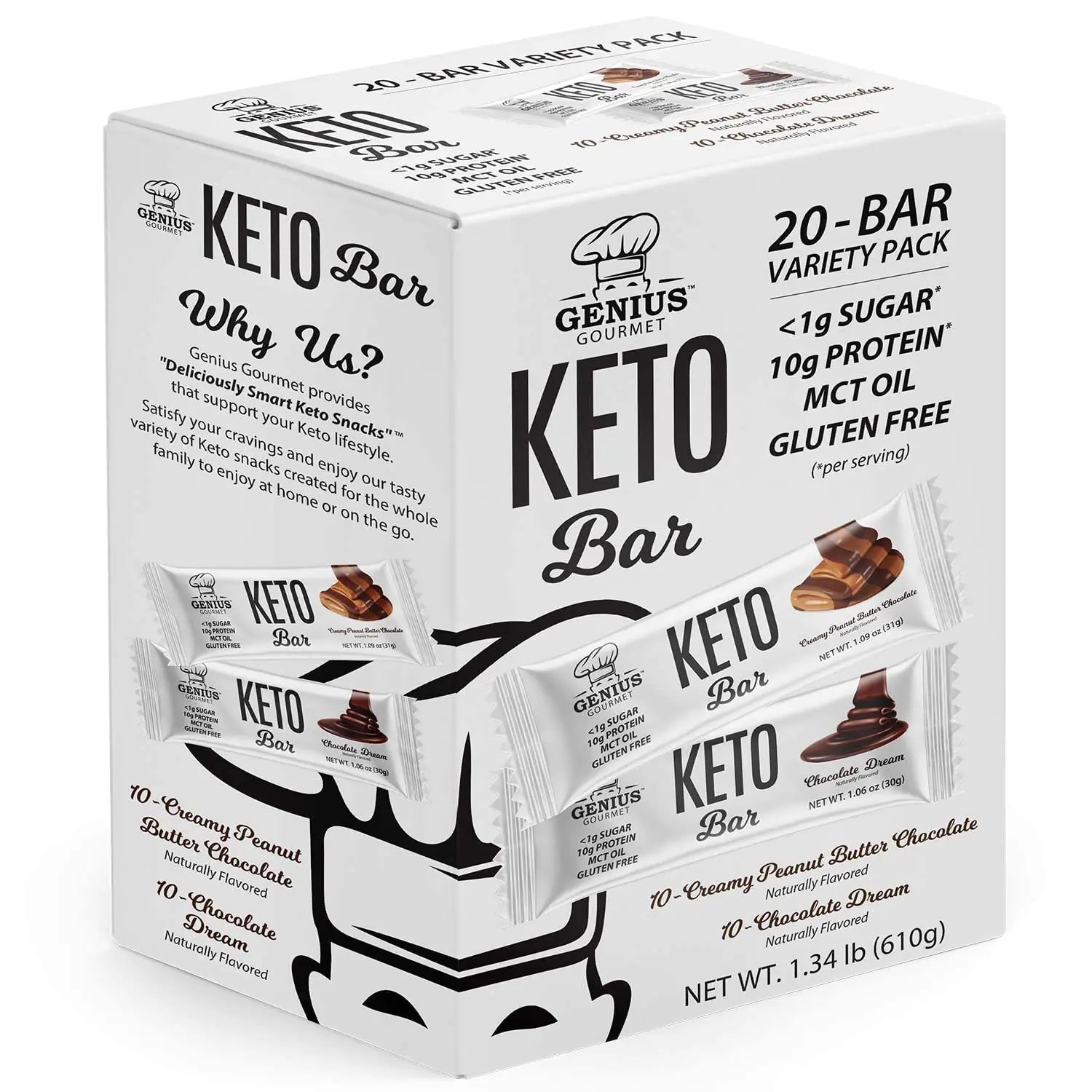 Genius Gourmet Gluten Free Keto Protein Bar Chocolate Keto Bars Premium MCTs Low Carb Low Sugar (Variety Pack 20 Count (Pack of 1)) - ProteinKing