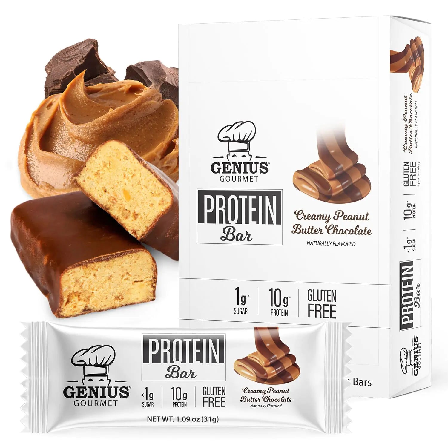 Genius Gourmet Protein Bar Chocolate Peanut Butter Keto Snack Low Carb Low Sugar &amp; Gluten Free Protein Snacks for Adults 10G of Whey Protein per Protein Bar 5 Net Carbs 10 Count - ProteinKing