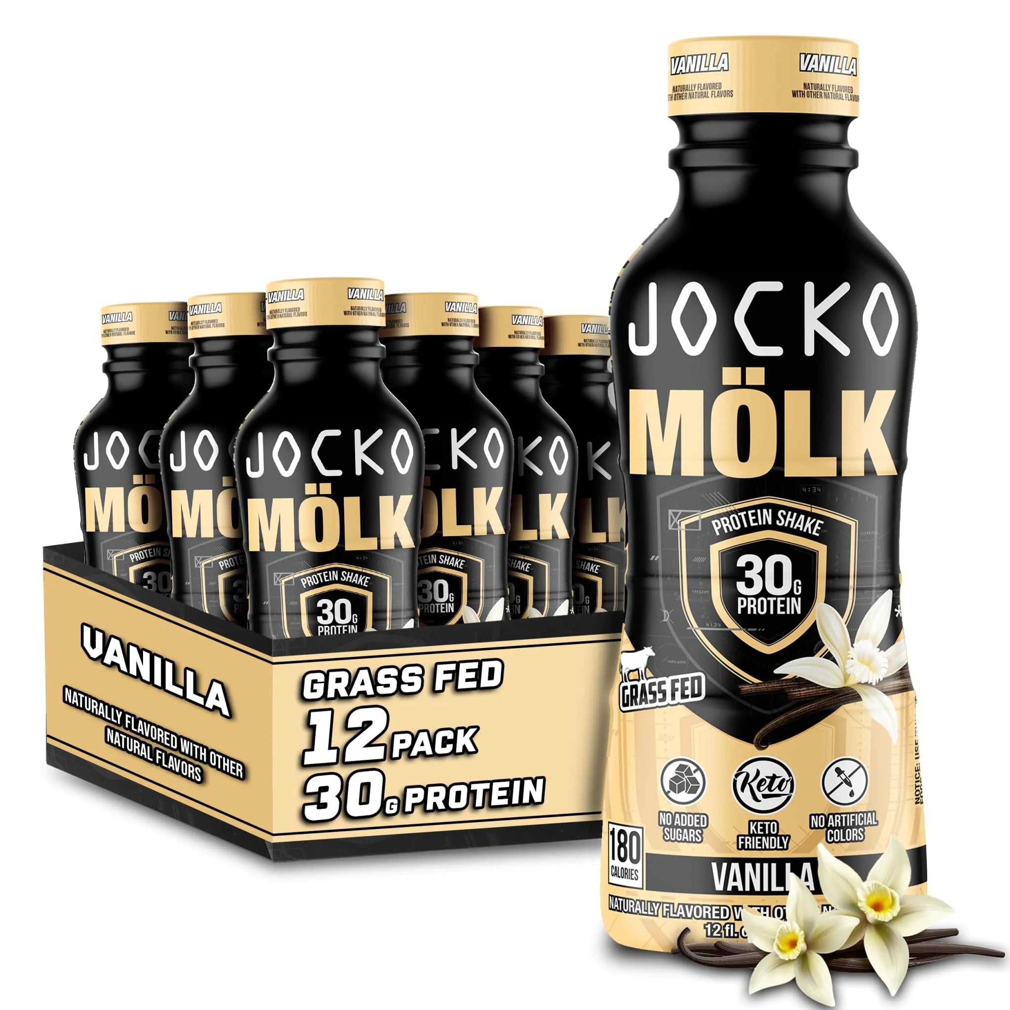 Jocko Mölk 30g Grass Fed Protein Shakes – No Added Sugar Protein Drinks KETO Friendly - Ready to Drink 12 FL Oz (Pack of 12) Vanilla - ProteinKing