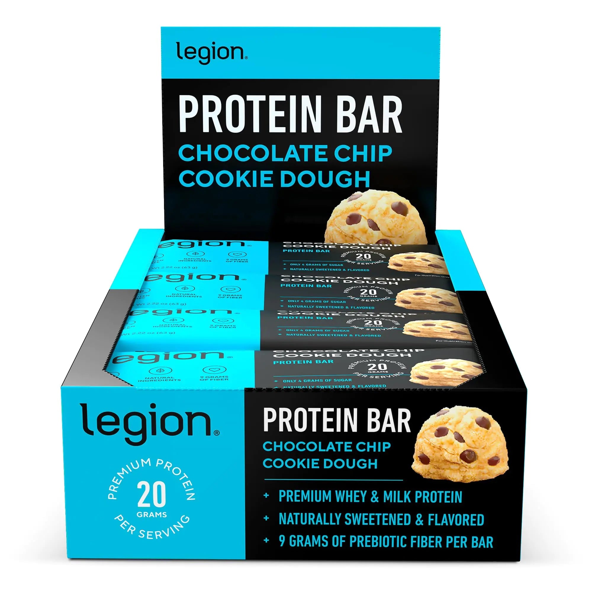 Legion Chocolate Chip Cookie Dough Protein Bar - 100% Whey Protein Bars Low Sugar High Protein with Prebiotic Fiber - Soy - Free Gluten Free Naturally Flavored Low Fat High Protein Bars (12 Count) - ProteinKing
