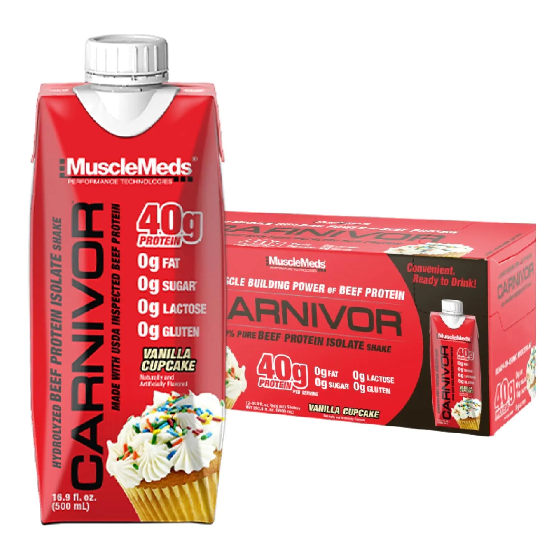 MuscleMeds Carnivor RTD Ready to Drink Protein Lactose Free Sugar Free 40g Isolate Protein Muscle Building Recovery Vanilla Cupcake 16.9 Fl Oz Liquid (Pack of 12) - ProteinKing