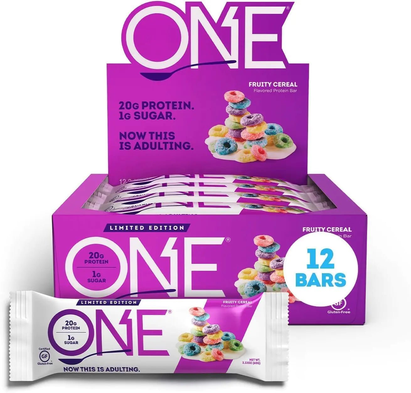 ONE Protein Bars Fruity Cereal Gluten Free with 20g Protein and 1g Sugar Pantry Staples 2.12 oz (12 Count) - ProteinKing