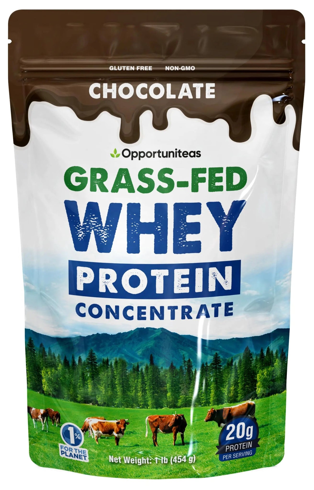 Opportuniteas Grass Fed Whey Protein Powder Concentrate - Chocolate - Pure Protein Supplement - Non GMO Hormone Free & Gluten Free - 1lb - ProteinKing