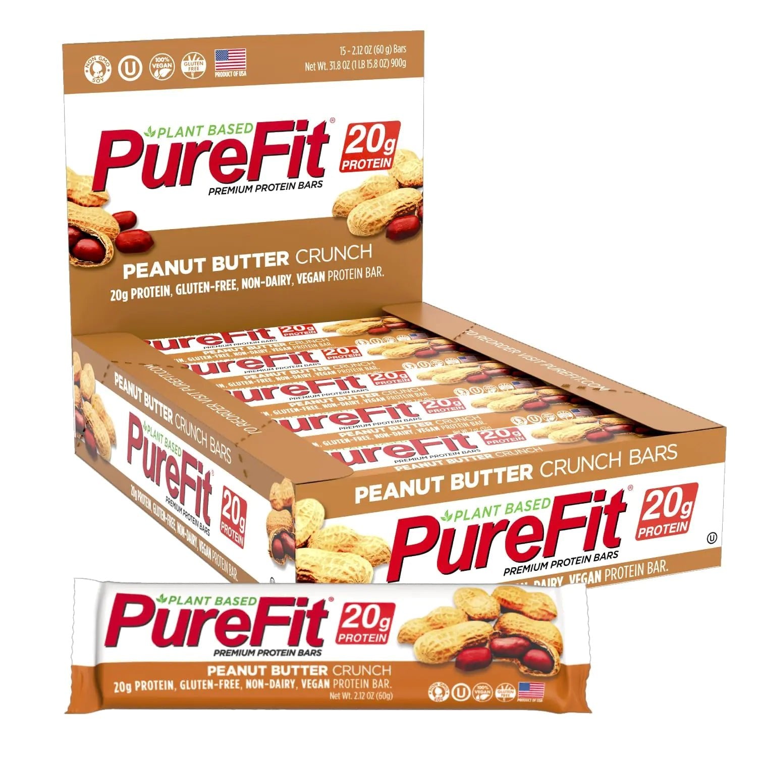 PureFit Protein Bars Peanut Butter Crunch 20g Plant - Based Protein Low Sugar Vegan High Protein Gluten - Free Low Carb Keto Nut - Free Healthy Snack (15 Count) - ProteinKing