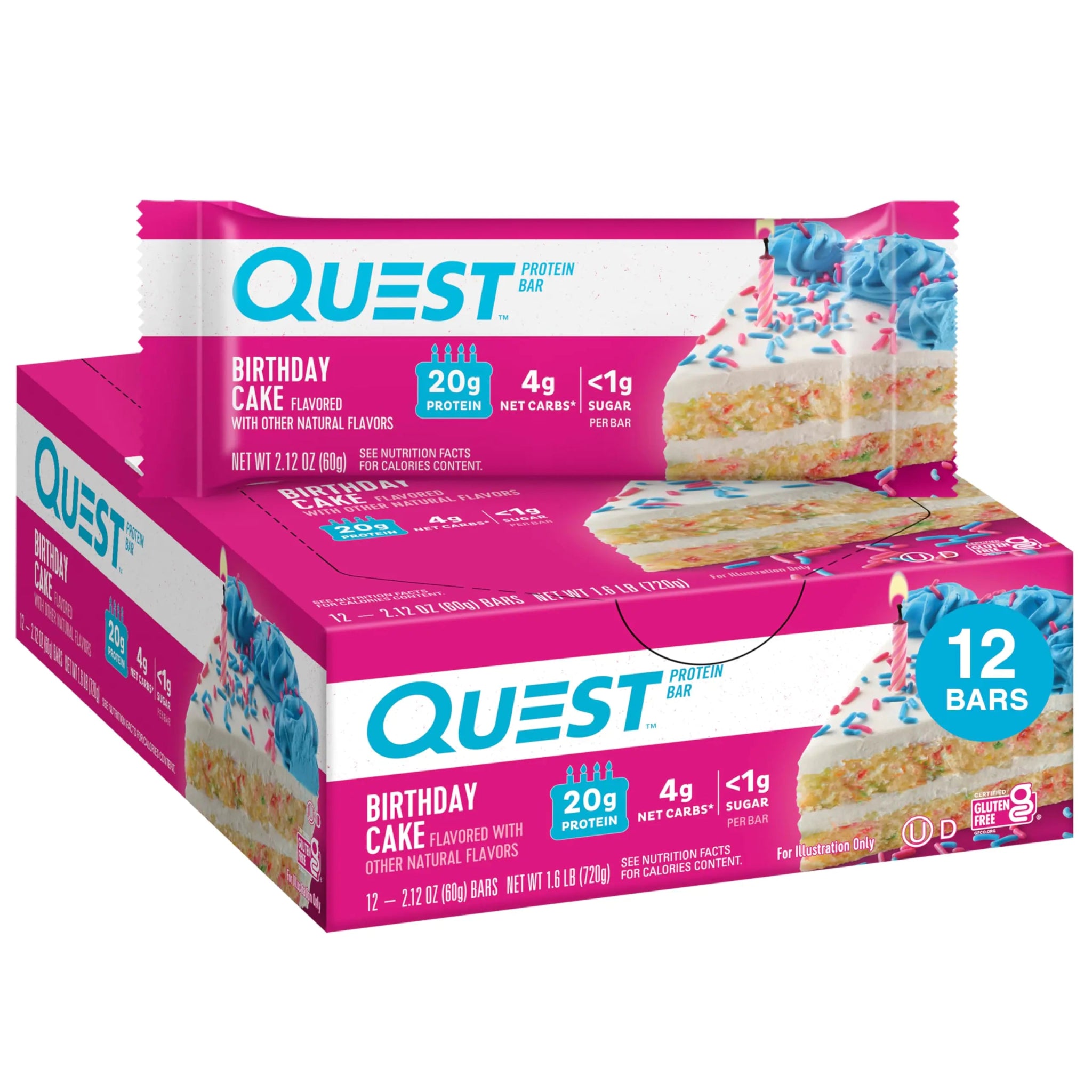 Quest Nutrition Birthday Cake Protein Bars High Protein Low Carb Gluten Free Keto Friendly 12 Count - ProteinKing