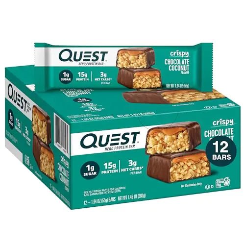 Quest Nutrition Crispy Chocolate Coconut Hero Protein Bar 15g Protein 1g Sugar 3g Net Carbs Gluten Free Protein Snack Keto Friendly 12 Count - ProteinKing