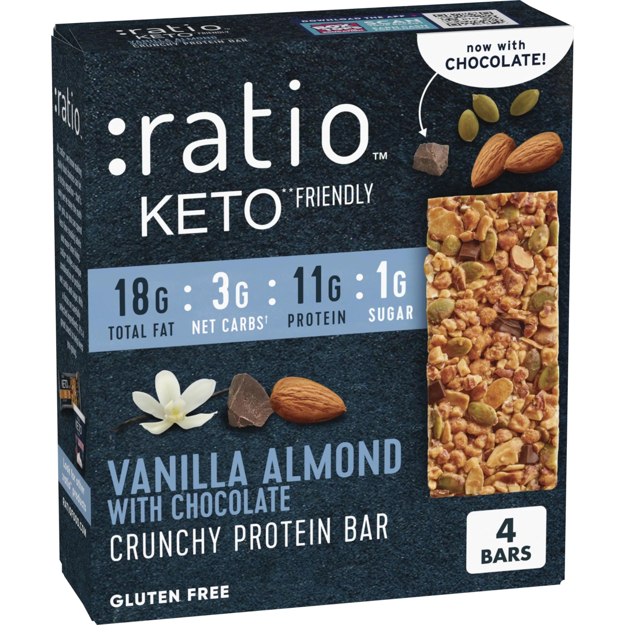 Ratio Crunchy Protein Bar Vanilla Almond With Chocolate 11g Protein Keto Friendly 5.8 oz (4 Bars) - ProteinKing