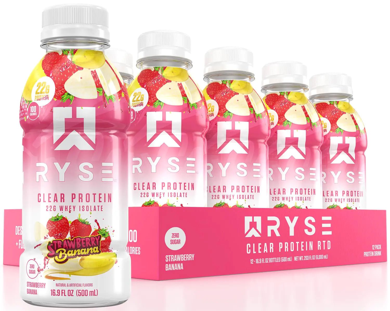 RYSE Clear Whey Isolate Protein Shake Strawberry Banana 100 Calories 22g Protein Sugar Free 0g Fat Lactose Free 16.9 fl oz (12 pack) - ProteinKing