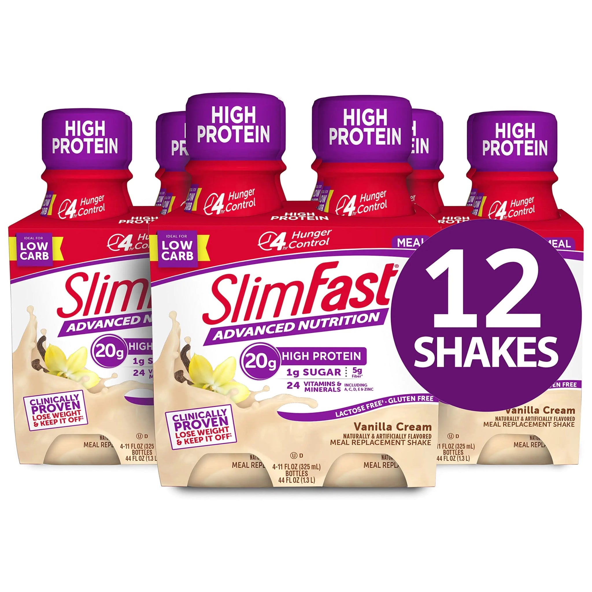 SlimFast Advanced Nutrition Shake – Ready To Drink Meal Replacement – 20g of Protein – 11 Fl. Oz. Bottle – 12 Count - Pantry Friendly Vanilla Cream 4 Count (Pack of 3) 132 Fl Oz (Pack of 12) - ProteinKing