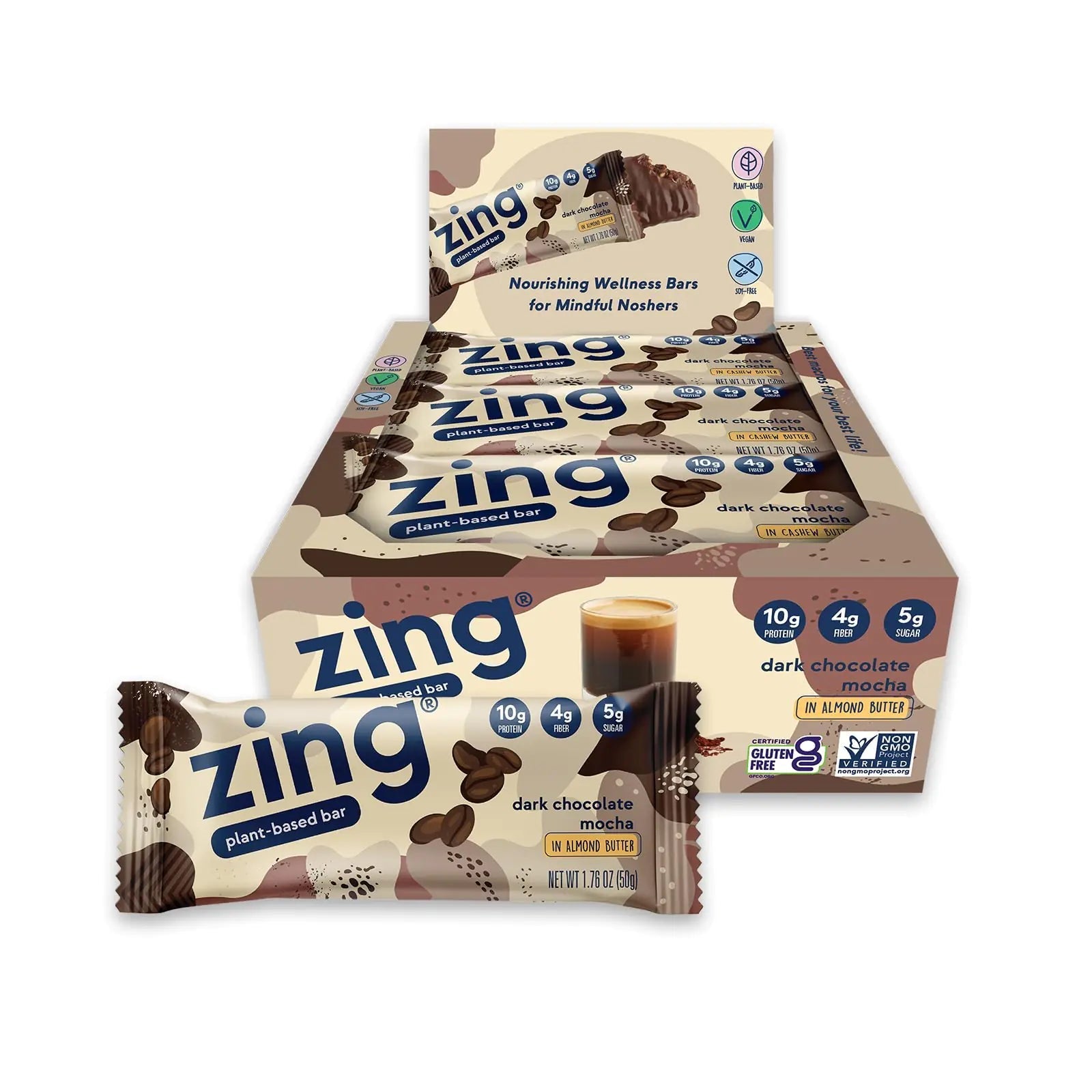 Zing Dark Chocolate Mocha Vegan Protein Bars Gluten Free with High Protein High Fiber Dairy Free Nutrition Bars Plant Based Protein Kosher Low Sugar No Sugar Alcohols - 12 count - ProteinKing